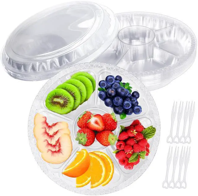 Main image of 12 Pack Plastic Appetizer Trays with Lids,6 Compartment Serving Platters Tray with 100 Pcs Forks,Disposable 10 Inch Clear Round Fruit Storage Container for Snack,Food,Vegetable,Party Buffet Favors