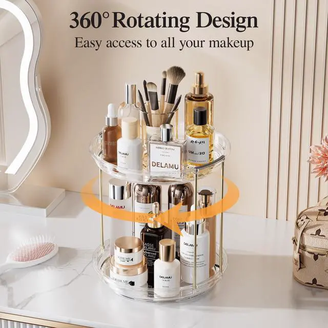 Alt view image 2 of 7 - Rotating Makeup Organizer for Vanity, 2 Tier Bathroom Counter Organizer with Stackable Design, Spinning Skincare Organizer for Bathroom Countertop, Perfume Cosmetic Storage, Clear