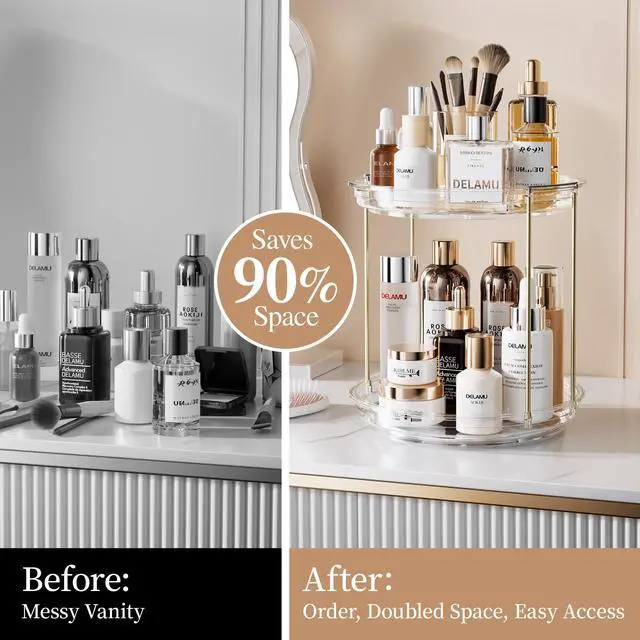Alt view image 3 of 7 - Rotating Makeup Organizer for Vanity, 2 Tier Bathroom Counter Organizer with Stackable Design, Spinning Skincare Organizer for Bathroom Countertop, Perfume Cosmetic Storage, Clear