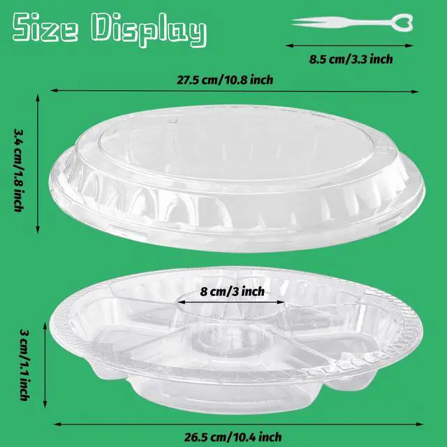 Alt view image 2 of 6 - 12 Pack Plastic Appetizer Trays with Lids,6 Compartment Serving Platters Tray with 100 Pcs Forks,Disposable 10 Inch Clear Round Fruit Storage Container for Snack,Food,Vegetable,Party Buffet Favors