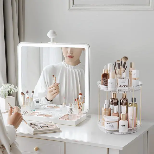 Alt view image 5 of 7 - Rotating Makeup Organizer for Vanity, 2 Tier Bathroom Counter Organizer with Stackable Design, Spinning Skincare Organizer for Bathroom Countertop, Perfume Cosmetic Storage, Clear