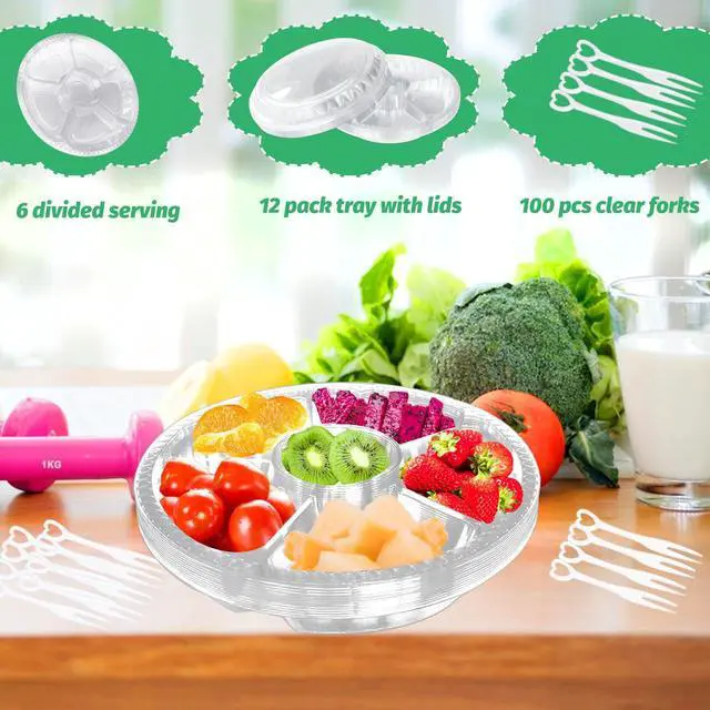 Alt view image 3 of 6 - 12 Pack Plastic Appetizer Trays with Lids,6 Compartment Serving Platters Tray with 100 Pcs Forks,Disposable 10 Inch Clear Round Fruit Storage Container for Snack,Food,Vegetable,Party Buffet Favors