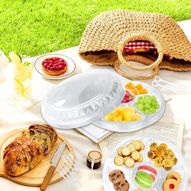 Alt view image 5 of 6 - 12 Pack Plastic Appetizer Trays with Lids,6 Compartment Serving Platters Tray with 100 Pcs Forks,Disposable 10 Inch Clear Round Fruit Storage Container for Snack,Food,Vegetable,Party Buffet Favors