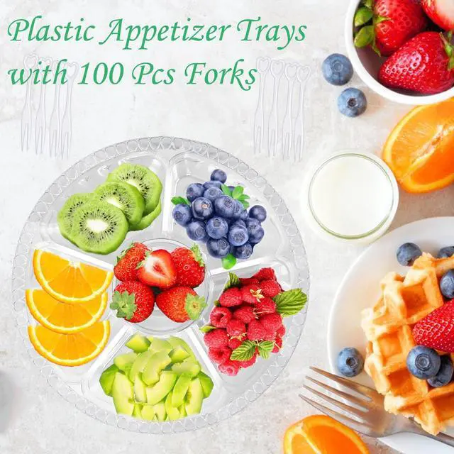 Alt view image 4 of 6 - 12 Pack Plastic Appetizer Trays with Lids,6 Compartment Serving Platters Tray with 100 Pcs Forks,Disposable 10 Inch Clear Round Fruit Storage Container for Snack,Food,Vegetable,Party Buffet Favors