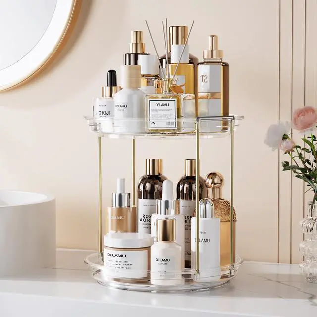 Alt view image 7 of 7 - Rotating Makeup Organizer for Vanity, 2 Tier Bathroom Counter Organizer with Stackable Design, Spinning Skincare Organizer for Bathroom Countertop, Perfume Cosmetic Storage, Clear