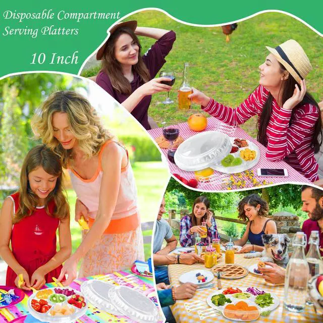 Alt view image 6 of 6 - 12 Pack Plastic Appetizer Trays with Lids,6 Compartment Serving Platters Tray with 100 Pcs Forks,Disposable 10 Inch Clear Round Fruit Storage Container for Snack,Food,Vegetable,Party Buffet Favors