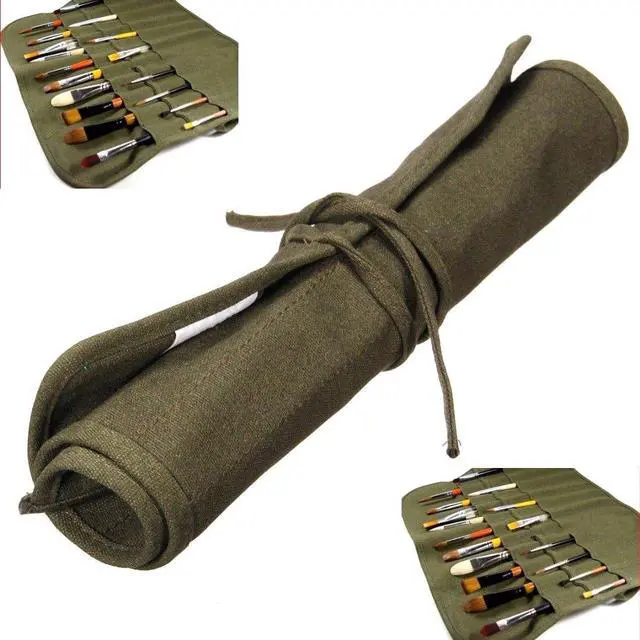 Alt view image 2 of 7 - 22 slots Paint Brush Case Canvas Paint Brush Holder, Roll Up Storage Bag Holder Canvas Wrap for Acrylic Watercolor Oil Face Brush - Army Green