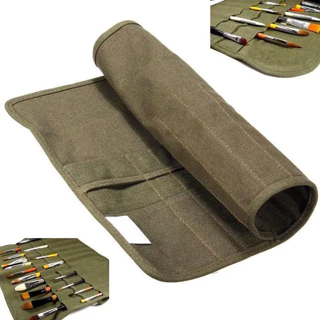 Main image of 22 slots Paint Brush Case Canvas Paint Brush Holder, Roll Up Storage Bag Holder Canvas Wrap for Acrylic Watercolor Oil Face Brush - Army Green