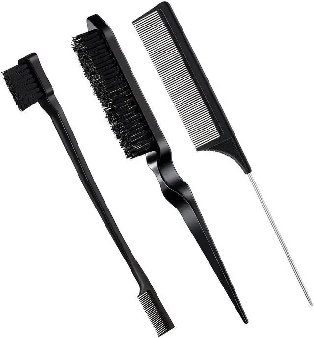 Main image of 3 Pcs Slick Back Hair Brush Set Bristle Brush Edge Control Teasing Comb for Women Black Hair(Black)