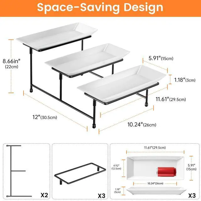 Alt view image 2 of 7 - 3 Tier Serving Tray for Party, 12'' BPA Free Food Grade Shatterproof Tiered Serving Platters with Steel Stand, Collapsible Dessert Display for Wedding, Graduation, BBQ, Holiday Events, Black