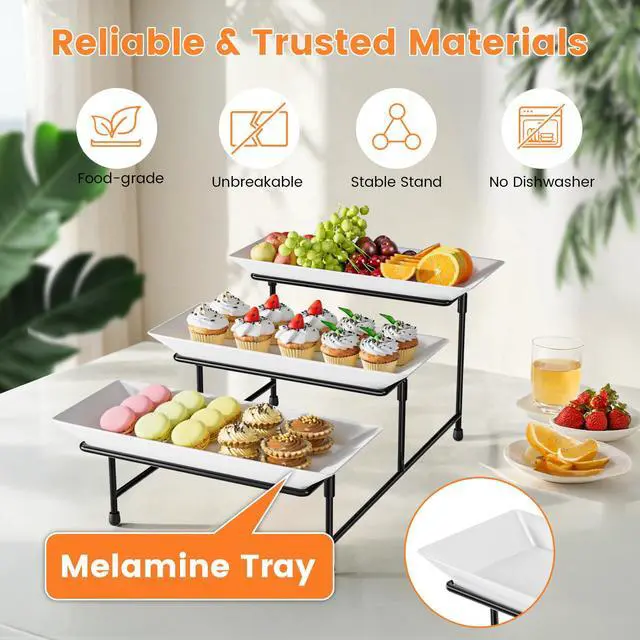Alt view image 3 of 7 - 3 Tier Serving Tray for Party, 12'' BPA Free Food Grade Shatterproof Tiered Serving Platters with Steel Stand, Collapsible Dessert Display for Wedding, Graduation, BBQ, Holiday Events, Black