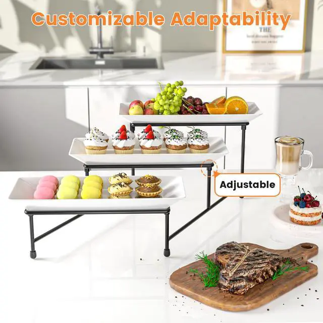 Alt view image 5 of 7 - 3 Tier Serving Tray for Party, 12'' BPA Free Food Grade Shatterproof Tiered Serving Platters with Steel Stand, Collapsible Dessert Display for Wedding, Graduation, BBQ, Holiday Events, Black
