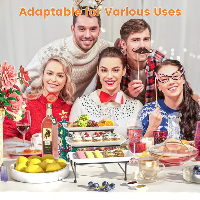 Alt view image 7 of 7 - 3 Tier Serving Tray for Party, 12'' BPA Free Food Grade Shatterproof Tiered Serving Platters with Steel Stand, Collapsible Dessert Display for Wedding, Graduation, BBQ, Holiday Events, Black