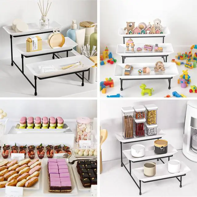 Alt view image 6 of 7 - 3 Tier Serving Tray for Party, 12'' BPA Free Food Grade Shatterproof Tiered Serving Platters with Steel Stand, Collapsible Dessert Display for Wedding, Graduation, BBQ, Holiday Events, Black