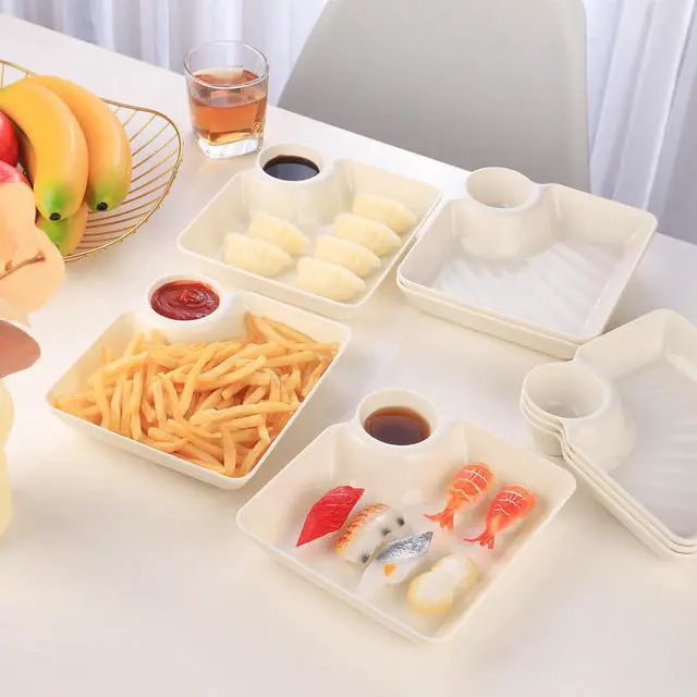 Alt view image 4 of 7 - 8 pcs Chips and Salsa Serving Dish, White Reusable Chip and Dip Bowl Serving Dishes for Entertaining Plastic Dip Tray Plate with Dipping Sauce Compartment