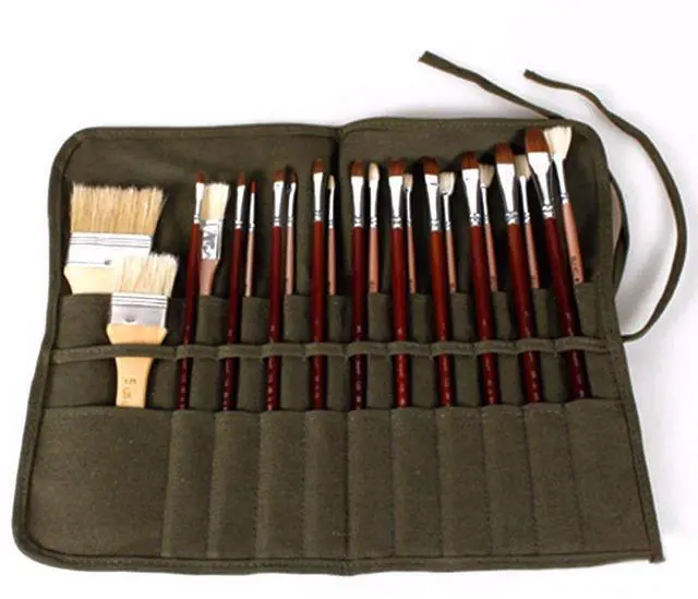 Alt view image 3 of 7 - 22 slots Paint Brush Case Canvas Paint Brush Holder, Roll Up Storage Bag Holder Canvas Wrap for Acrylic Watercolor Oil Face Brush - Army Green
