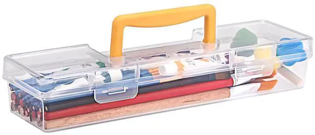 Main image of 1 Pack Clear Plastic Painting Brush Container with Yellow Handle, Portable Long Paintbrush Case, Drawing Tools Storage Box, Practical Art Supply Organizer for Artist Crafters, 13.1"x3.7"x2.4"
