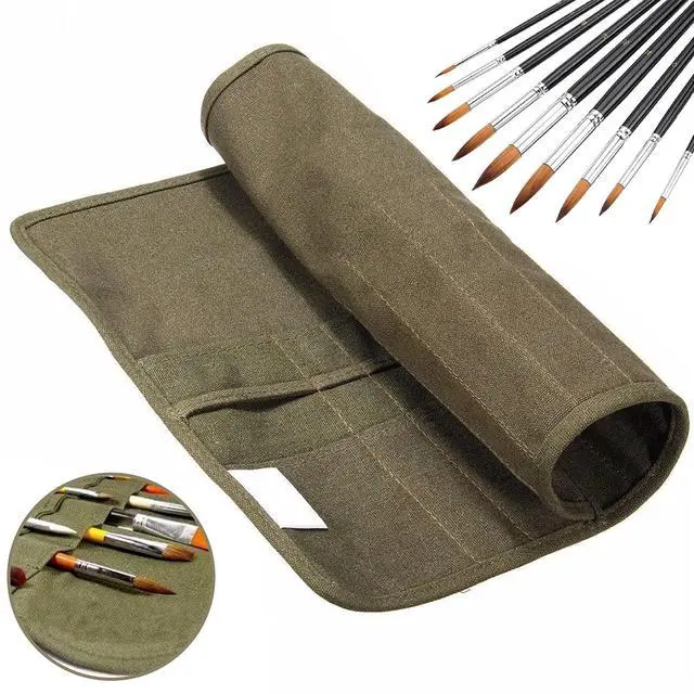 Alt view image 6 of 7 - 22 slots Paint Brush Case Canvas Paint Brush Holder, Roll Up Storage Bag Holder Canvas Wrap for Acrylic Watercolor Oil Face Brush - Army Green