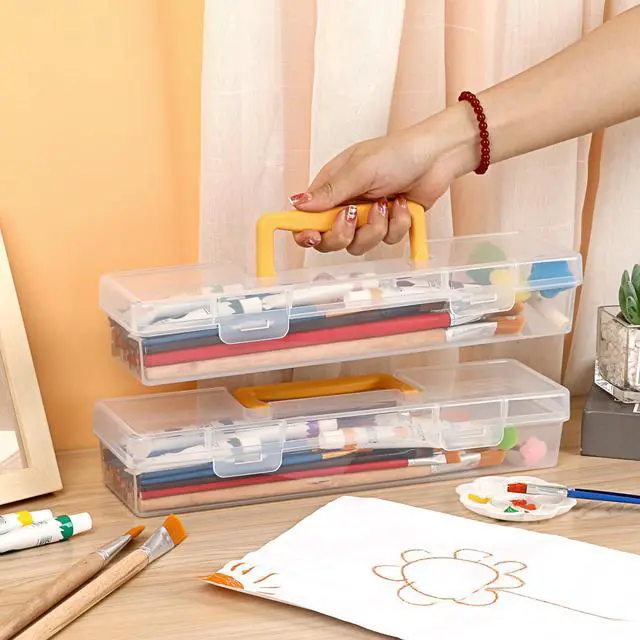 Alt view image 4 of 7 - 1 Pack Clear Plastic Painting Brush Container with Yellow Handle, Portable Long Paintbrush Case, Drawing Tools Storage Box, Practical Art Supply Organizer for Artist Crafters, 13.1"x3.7"x2.4"