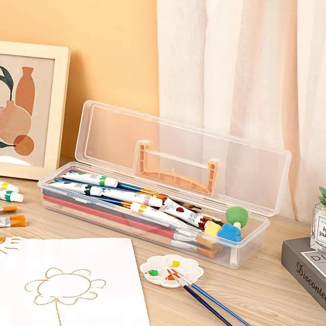 Alt view image 2 of 7 - 1 Pack Clear Plastic Painting Brush Container with Yellow Handle, Portable Long Paintbrush Case, Drawing Tools Storage Box, Practical Art Supply Organizer for Artist Crafters, 13.1"x3.7"x2.4"