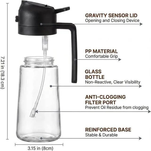 Alt view image 2 of 7 - Olive Oil Sprayer for Cooking 2-in-1 Oil Dispenser Bottle Black Kitchen Oil Cruet with Non-Drip Spout, 15 Ounce