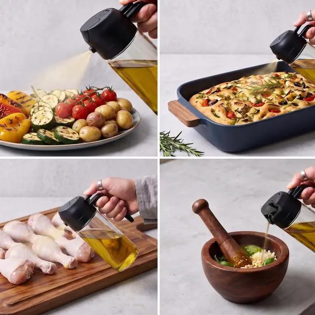 Alt view image 6 of 7 - Olive Oil Sprayer for Cooking 2-in-1 Oil Dispenser Bottle Black Kitchen Oil Cruet with Non-Drip Spout, 15 Ounce