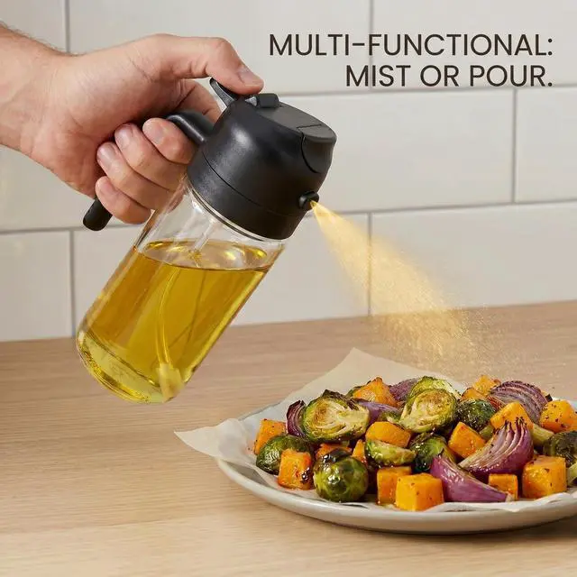Alt view image 7 of 7 - Olive Oil Sprayer for Cooking 2-in-1 Oil Dispenser Bottle Black Kitchen Oil Cruet with Non-Drip Spout, 15 Ounce