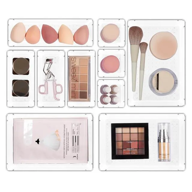 Main image of 10 Pcs Makeup Drawer Organizer Bins Set, 4 Size Plastic Makeup and Vanity Organizer Trays, Clear Acrylic Vanity Storage Containers for Cosmetics, Toiletries, Jewelry, Gadgets, Office Supply
