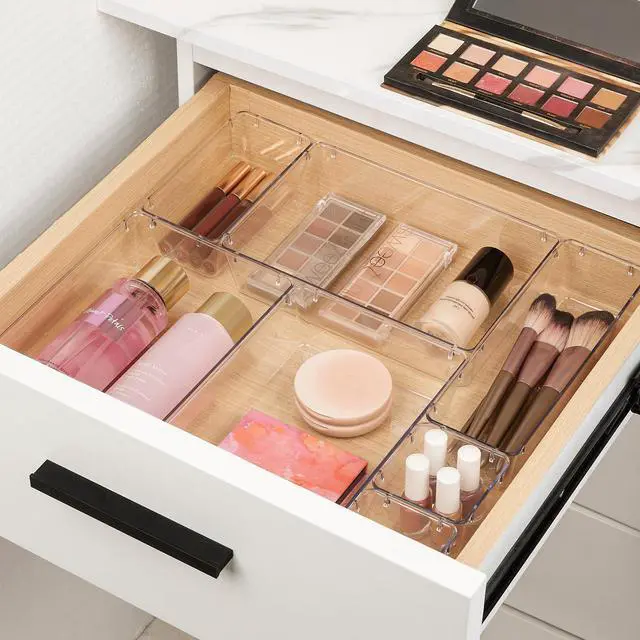 Alt view image 2 of 6 - 10 Pcs Makeup Drawer Organizer Bins Set, 4 Size Plastic Makeup and Vanity Organizer Trays, Clear Acrylic Vanity Storage Containers for Cosmetics, Toiletries, Jewelry, Gadgets, Office Supply