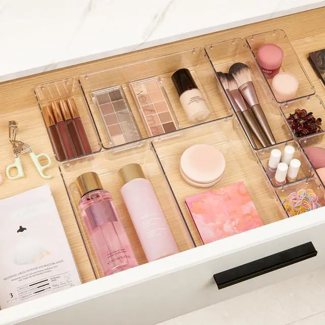 Alt view image 3 of 6 - 10 Pcs Makeup Drawer Organizer Bins Set, 4 Size Plastic Makeup and Vanity Organizer Trays, Clear Acrylic Vanity Storage Containers for Cosmetics, Toiletries, Jewelry, Gadgets, Office Supply