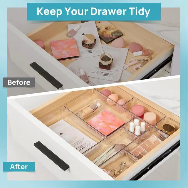 Alt view image 4 of 6 - 10 Pcs Makeup Drawer Organizer Bins Set, 4 Size Plastic Makeup and Vanity Organizer Trays, Clear Acrylic Vanity Storage Containers for Cosmetics, Toiletries, Jewelry, Gadgets, Office Supply