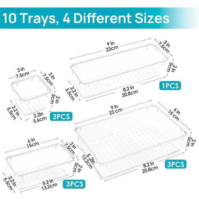 Alt view image 5 of 6 - 10 Pcs Makeup Drawer Organizer Bins Set, 4 Size Plastic Makeup and Vanity Organizer Trays, Clear Acrylic Vanity Storage Containers for Cosmetics, Toiletries, Jewelry, Gadgets, Office Supply