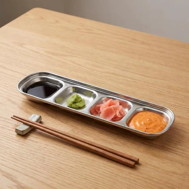 Alt view image 5 of 7 - 3 Pcs Dipping Sauce Dish 4 Compartment Stainless Steel Dipping Sauce Tray Sushi Soy Dish Korean Appetizer Serving Tray for Soy Vinegar and Condiments Ketchup BBQ Seasoning