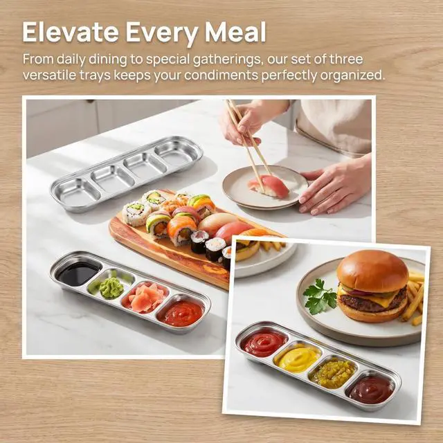 Alt view image 4 of 7 - 3 Pcs Dipping Sauce Dish 4 Compartment Stainless Steel Dipping Sauce Tray Sushi Soy Dish Korean Appetizer Serving Tray for Soy Vinegar and Condiments Ketchup BBQ Seasoning