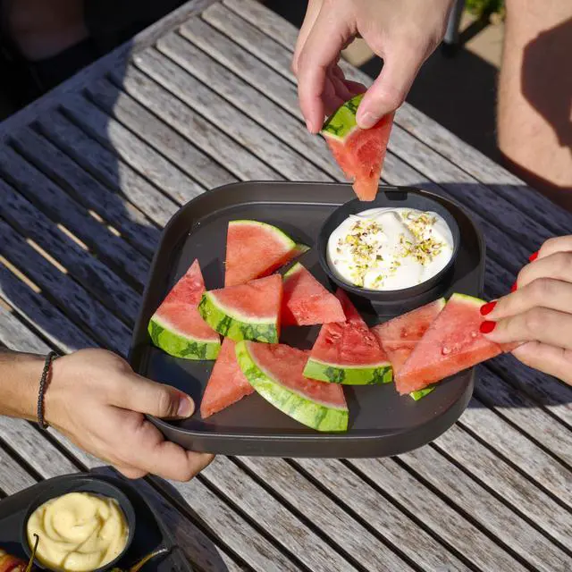 Alt view image 5 of 7 - dipware 3 Bowl Serving Tray, Stackable & Removable Dip Bowls for Charcuterie, Guacomole, Snacks, Veggies, Premium Dishwasher & Microwave Safe, Multipurpose Plate & Bowl, Blue