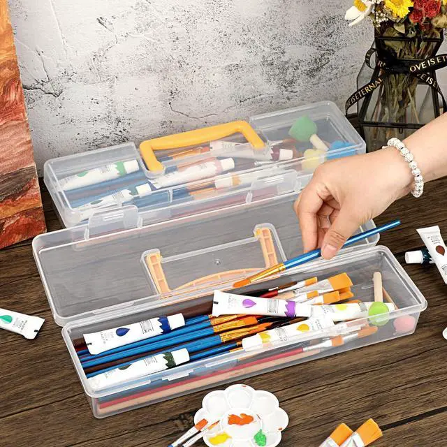 Alt view image 6 of 7 - 1 Pack Clear Plastic Painting Brush Container with Yellow Handle, Portable Long Paintbrush Case, Drawing Tools Storage Box, Practical Art Supply Organizer for Artist Crafters, 13.1"x3.7"x2.4"