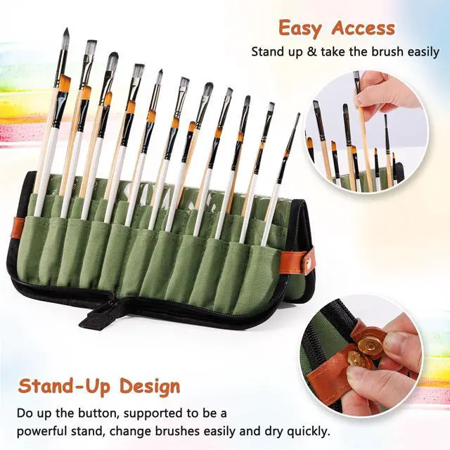 Alt view image 3 of 7 - Stand Up Canvas Paint Brush Holder Case for Artists, 22 Slots Brush Organizer with Pop-Up Stand, Zippered Travel Paint Brush Storage Bag for Acrylic Oil Watercolor Brushes, Portable Paintbrush Case