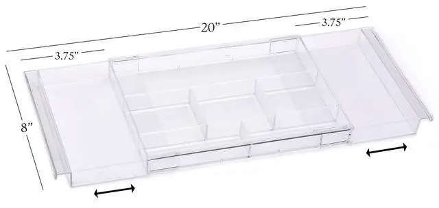 Alt view image 2 of 5 - Expandable Drawer Organizer - Customizable Makeup Vanity Organizing Storage Tray for Bathroom, Bedroom & Desk Drawers - Clear Plastic Cosmetics Organizers with Expanding Compartment (Set of 2)