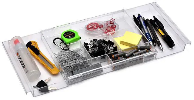 Alt view image 3 of 5 - Expandable Drawer Organizer - Customizable Makeup Vanity Organizing Storage Tray for Bathroom, Bedroom & Desk Drawers - Clear Plastic Cosmetics Organizers with Expanding Compartment (Set of 2)