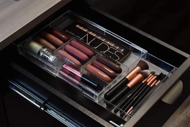 Alt view image 5 of 5 - Expandable Drawer Organizer - Customizable Makeup Vanity Organizing Storage Tray for Bathroom, Bedroom & Desk Drawers - Clear Plastic Cosmetics Organizers with Expanding Compartment (Set of 2)