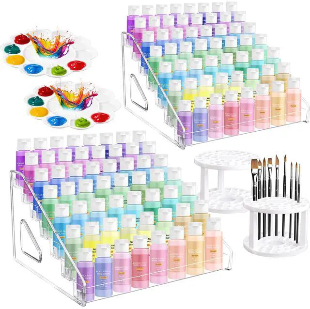 Main image of 2 Pcs Clear Acrylic Paint Organizer Rack with Brush Holder, 7 Layer Acrylic Paint Tube Organizer, Snap-On Craft Organizers and Storage for Versatile Storage, No-Tools Setup & Quick Access (2 Set)