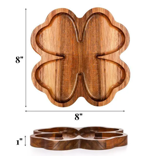 Alt view image 2 of 7 - 2 Pack 8 Inch Wood Serving Platter Trays, Small Acacia Wooden Snack Board, Veggie Fruit Hosting Plate Dish, Food Serving Platter for Nuts Cheese Sushi Charcuterie Dessert, 4-Leaf Clover Design