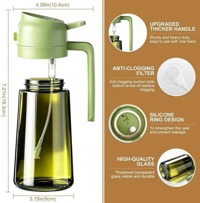 Alt view image 2 of 7 - 2 in 1 Olive Oil Sprayer for Cooking, 16oz Light-Proof Oil Dispenser for Kitchen, Leak-Proof Oil Spray Bottle for Air Fryer, Salad, BBQ, Baking, Grilling - Black & Green