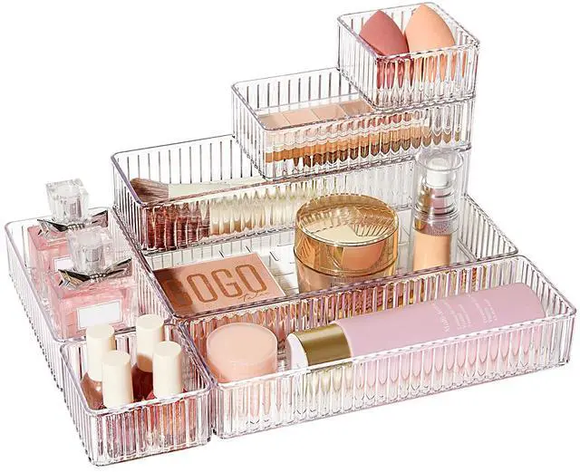 Main image of 7 PCS Clear Makeup Drawer Organizers Bins, 4-Size Stackable Makeup and Vanity Organizer Trays, Acrylic Bathroom Storage Containers for Cosmetic, Toiletries, Office Supply, Utensils, Gadgets
