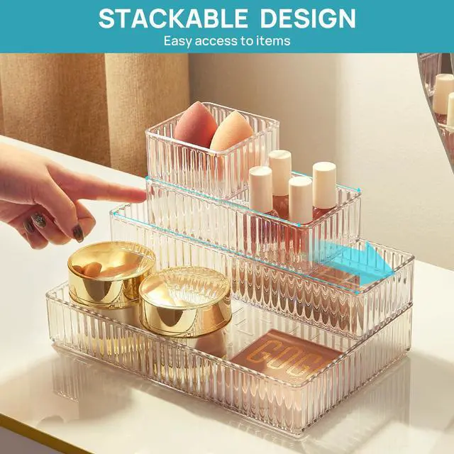 Alt view image 2 of 7 - 7 PCS Clear Makeup Drawer Organizers Bins, 4-Size Stackable Makeup and Vanity Organizer Trays, Acrylic Bathroom Storage Containers for Cosmetic, Toiletries, Office Supply, Utensils, Gadgets
