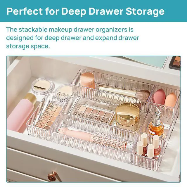 Alt view image 3 of 7 - 7 PCS Clear Makeup Drawer Organizers Bins, 4-Size Stackable Makeup and Vanity Organizer Trays, Acrylic Bathroom Storage Containers for Cosmetic, Toiletries, Office Supply, Utensils, Gadgets
