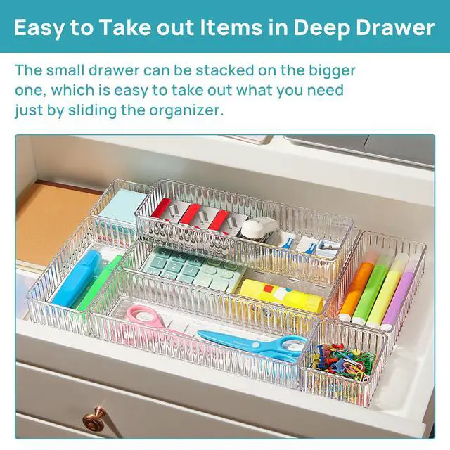 Alt view image 4 of 7 - 7 PCS Clear Makeup Drawer Organizers Bins, 4-Size Stackable Makeup and Vanity Organizer Trays, Acrylic Bathroom Storage Containers for Cosmetic, Toiletries, Office Supply, Utensils, Gadgets