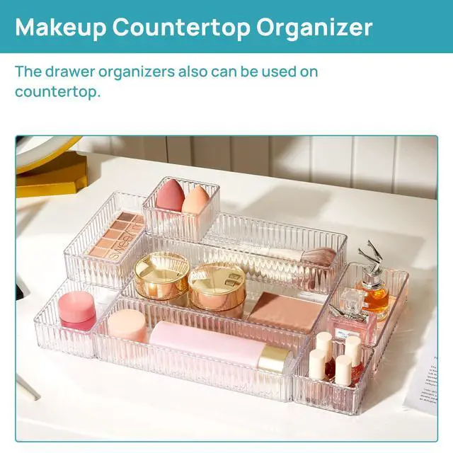 Alt view image 5 of 7 - 7 PCS Clear Makeup Drawer Organizers Bins, 4-Size Stackable Makeup and Vanity Organizer Trays, Acrylic Bathroom Storage Containers for Cosmetic, Toiletries, Office Supply, Utensils, Gadgets