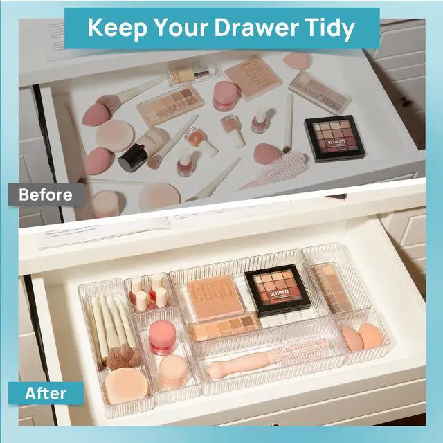 Alt view image 6 of 7 - 7 PCS Clear Makeup Drawer Organizers Bins, 4-Size Stackable Makeup and Vanity Organizer Trays, Acrylic Bathroom Storage Containers for Cosmetic, Toiletries, Office Supply, Utensils, Gadgets