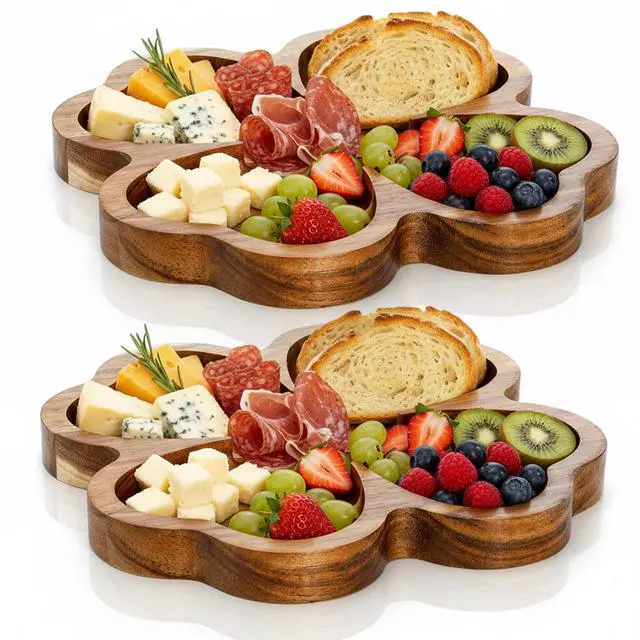 Alt view image 3 of 7 - 2 Pack 8 Inch Wood Serving Platter Trays, Small Acacia Wooden Snack Board, Veggie Fruit Hosting Plate Dish, Food Serving Platter for Nuts Cheese Sushi Charcuterie Dessert, 4-Leaf Clover Design